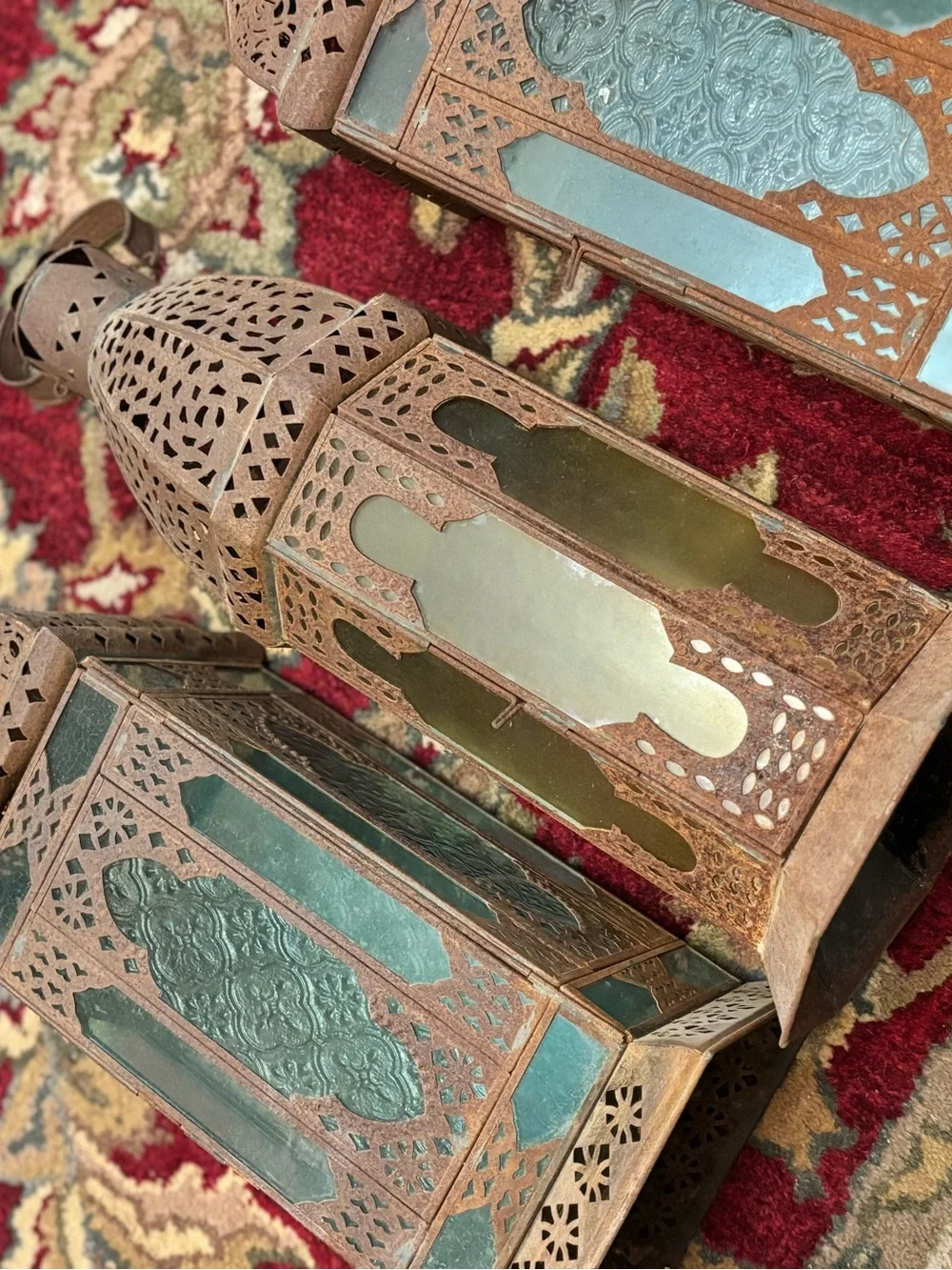 Set of 3 Moroccan-Style Punched Metal Lanterns W/ Glass Panels